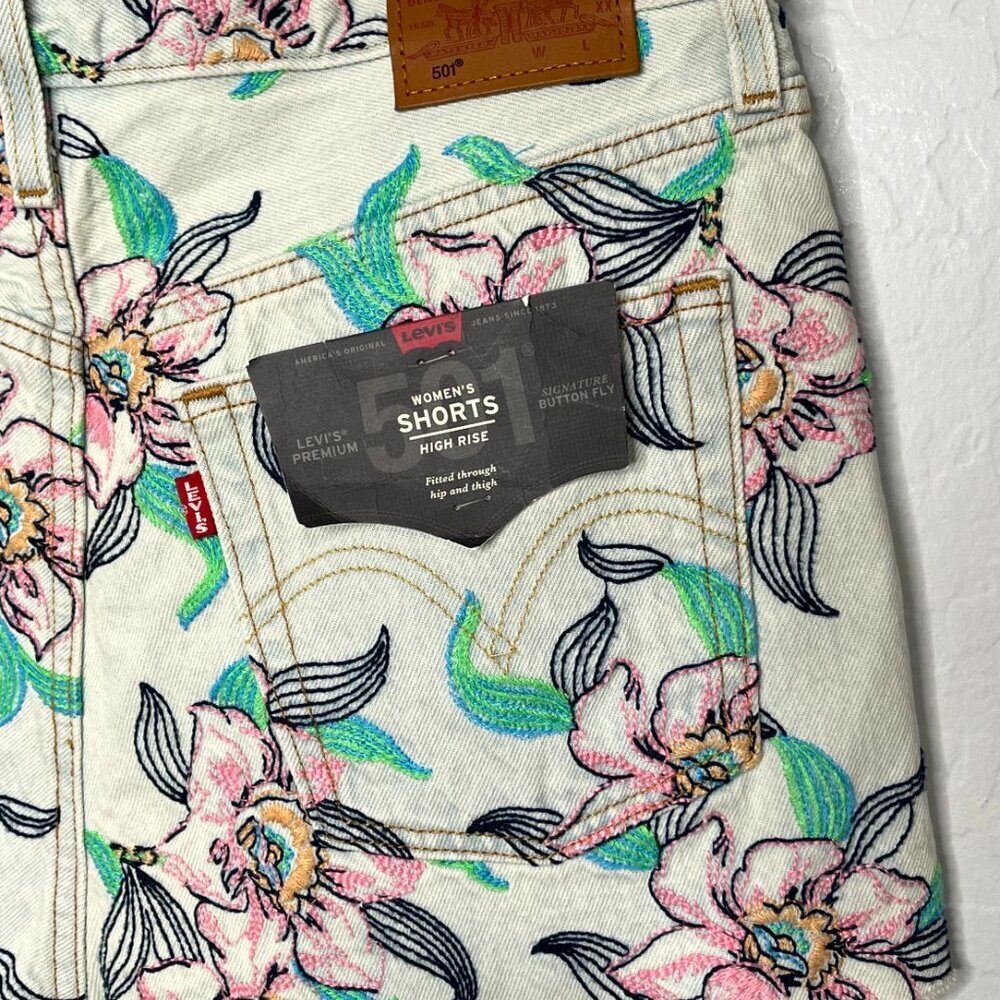 Levi's 501 Floral Pastel Embroidery Hi Rise Button Fly Cut Off Shorts Size 28 - Picture 6 of 8